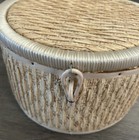 Vintage Sewing Basket Beige Green Satin Lining Raffia Exterior Round Japan Ec
