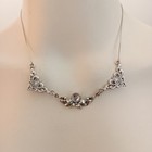 Art Nouveau Style Silver Bib Necklace Crystal Floral Foliate Scrollwork Vintage