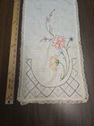 Vtg Floral Hand Embroidered   Hand Crocheted Dresser Scarf Table Runner 36 5 In 