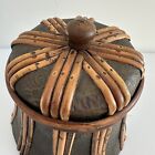 Antique Japanese Basket Rattan Wood Metal Relief Sewing Box Storage W  Lid