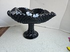 Hand Painted Black Amethyst Glass Pedestal Compote Bowl Dish Footed L e  Smith