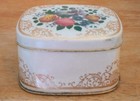 Vintage Small Floral  Gold And Beige Hinged Tin Container Made In England