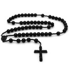 Men s Hip Hop 15mm Matte Black Beads Guadalupe Rosary   Jesus Cross Necklace Bk