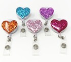 5 Pack Glitter Bling Love Heart Retractable Id Badge Reel Holder Swivel Clip