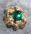 Vintage Antique Metal Filigree Button Green Glass Center