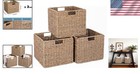Set Of 3 Handwoven Seagrass Storage Baskets - Rustic Cube Design  12x12x10 In