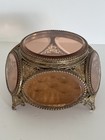 Ormolu Gold Filigree Beveled Glass Jewelry Casket 5-sided Round Trinket Box