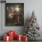 Vintage Santa With Reindeer Christmas Canvas Wall Art Winter Farmhouse Christmas