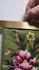 Vintage Floral Needlepoint Roses On Green Tapestry Brass Pull Wall Hanging