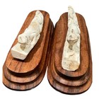 Pair Signed Hand Carved Bone Monitor Lizard Sculptures Walnut Bases Wildlife Art