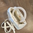 White Satin Pleated Evening Bag Purse With Pearl Handle   Detachable Strap