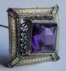 Antq Hatpin Brass Wirework Surround   Bezel Set Purple Faceted Center Stone 13 
