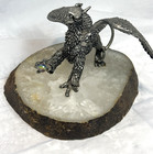 Vintage Pewter Griffin Dragon Figurine On Quartz Crystal Geode Base Fantasy