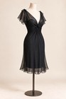 Vintage Black Silk Cocktail Dress Short Sheer Flutter Sleeves V Neck Size S