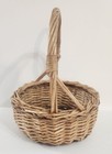 Vtg Small Round Wicker Gathering Basket With High Arched Handle Brown Cottage