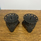 Pair Vintage Black Cast Iron Pillar Candle Holders Ornate Gothic Tripod Stands