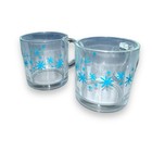 Vintage Mcm Glass Mugs Cups Snowflake Print Blue Set Of Two Winter Christmas