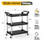 3-tier Plastic Service Utility Cart With Wheels For Restaurant Foodservice Black