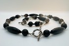 Matching Sterling Silver Black Glass Bead Necklace Bracelet Set 15 5  7 