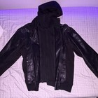 Guess Men s Leather Hooded Bomber Jacket Full Zip Pockets Black Size L