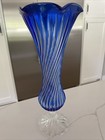 Vintage Antique Cobalt Blue Fine Cut To Clear Crystal Vase Bohemian Glass  11 5   