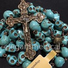  Catholic Vintage Xl 10mm Turquoise Skull Beads Rosary Cross Crucifix Necklace