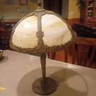 Antique Art Nouveau Table Lamp Bronze Patinated Base With Slag Glass Shade 