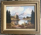 Old Vintage German Mountain Landscape Forest Oil Painting Art Trees Lake Forest