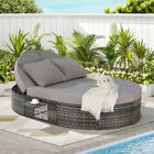 Outdoor Patio Round Daybed  Sun Bed  Rattan Patio Daybed With Cushions   Pillows