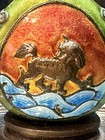 Vtg Chinese Snuff Bottle Brass Metal   Enamel Foo Dog Lion Dragon Face On Stand