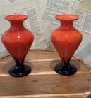 Vintage Czech Tango Glass Pedestal Vases Pair Red   Black Art Deco Stamped 9  