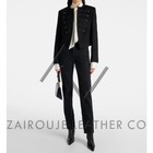 Women Black Wool Military Band Jacket Structured Cropped Designer Style