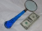 Vintage Magnifying Glass Blue Cut Glass Handle 12 5  Antique