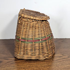 Vtg Wicker Basket Fishing Creel Red Green Horizontal Stripes No Strap Or Closure