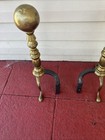 Vintage Pair Of Brass Cannonball Fireplace Andirons Fire Dogs Brass  Cast Iron