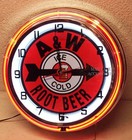 Ice Cold A w Root Beer Sign 19  Orange Double Neon Clock A   W