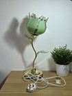 Vintage 80s Green Glass Lotus Flower Touch Table Lamp Brass Hollywood Regency