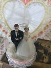 Vintage Wedding Cake Topper Bride Groom Brunette Heart W risers Columns