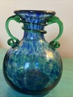 Vintage Hand Blown Art Glass Speckled Cobalt Blue Vase Applied Green Streaks