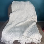 Cable Knit Afghan Throw Blanket 52x70  White W Fringes Handmade Large Spread
