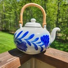 Salmon Falls Stoneware Teapot 1999 Blue Pennsylvania Penn Bamboo Handle Dover Nh