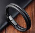 Men Women 13mm Black Double Band Genuine Leather Magnet Bangle Bracelet 6 5-9 