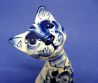 Blue   White Ceramic Hand Made Sitting Cat Kitty Figurine 6  Tall
