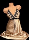 J  C  Penney Delicates Gold Shiny Satin Black Sheer Lace Trim Long Nightgown M