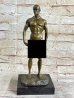 Signed Handcrafted Depict Of Nude Man Bronze Sculpture Marble Base Figurine Sale