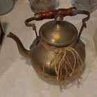 Vintage Brass Round Tea Kettle Pot W  Lid  Wood Handle  Spout Manual