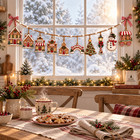 Gingerbread Village Wooden Ornament Garland 6 Ft Christmas Decor Mantel Display