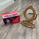Vintage Make Up Vanity Mirror With Lipstick Holder Faux Art Noveau Plastic Gold