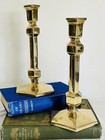 Vintage Large Brass Candlesticks With Chunky Hexagon Base Set Of Two