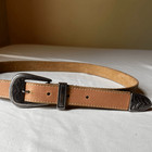 Vintage Tan Leather Western Belt Engraved Silver Tone Buckle Casual Boho 30